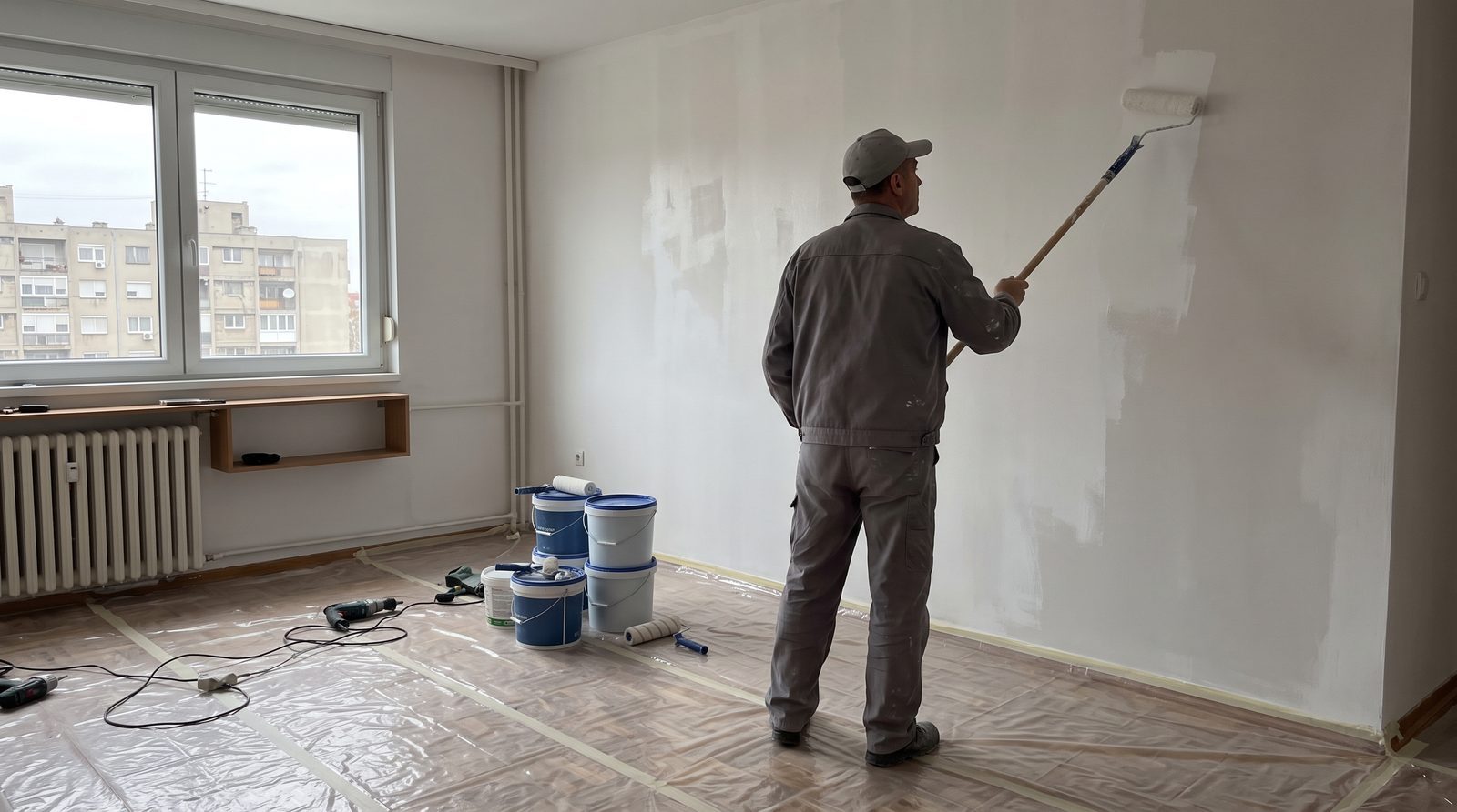 Moler valjkom na produžnoj dršci kreči veliki beli zid u stanu u novobeogradskom bloku