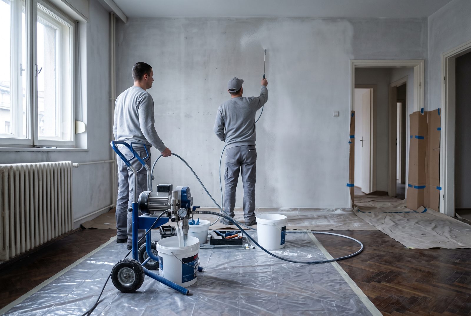 Airless pumpa i mašinsko krečenje praznog stana
